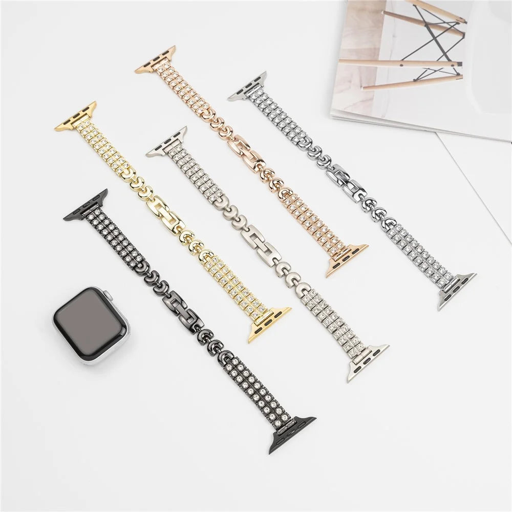 For Apple Watch Ultra 3 2 1 49mm / Series 11 10 46mm / 9 8 7 45mm / SE3 SE2 SE 6 5 4 44mm / 3 2 1 42mm Rhinestones Metal Watch Strap - Black - 3