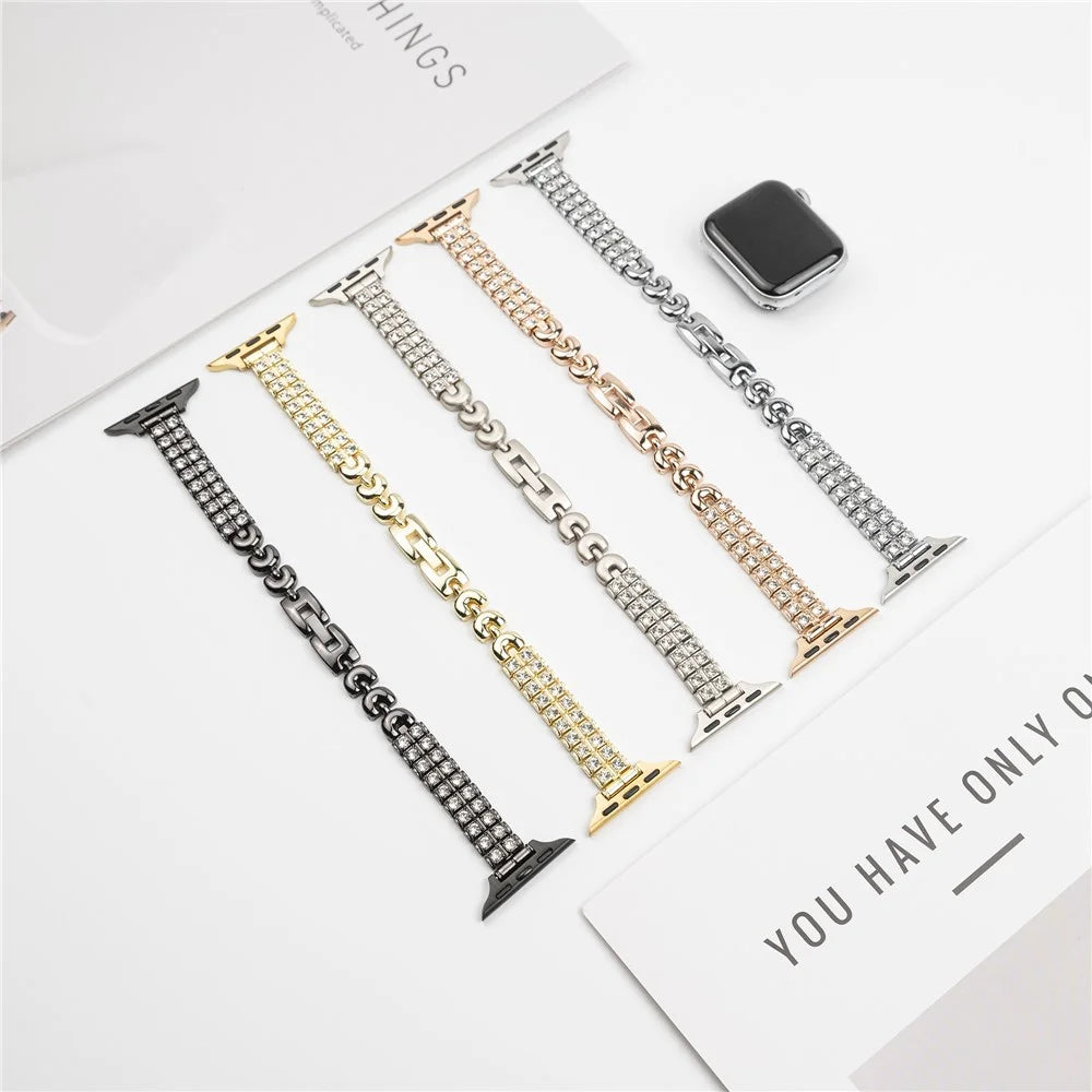 For Apple Watch Ultra 3 2 1 49mm / Series 11 10 46mm / 9 8 7 45mm / SE3 SE2 SE 6 5 4 44mm / 3 2 1 42mm Rhinestones Metal Watch Strap - Black - 4