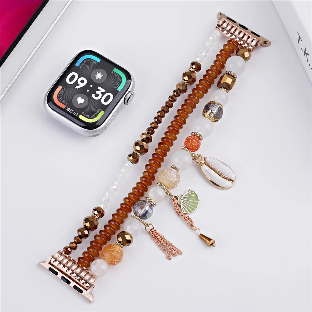 For Apple Watch Series 11 10 42mm / 9 8 7 41mm / SE3 SE2 SE 6 5 4 40mm / 3 2 1 38mm Shell Beads Bands Three Rows - Brown - 3
