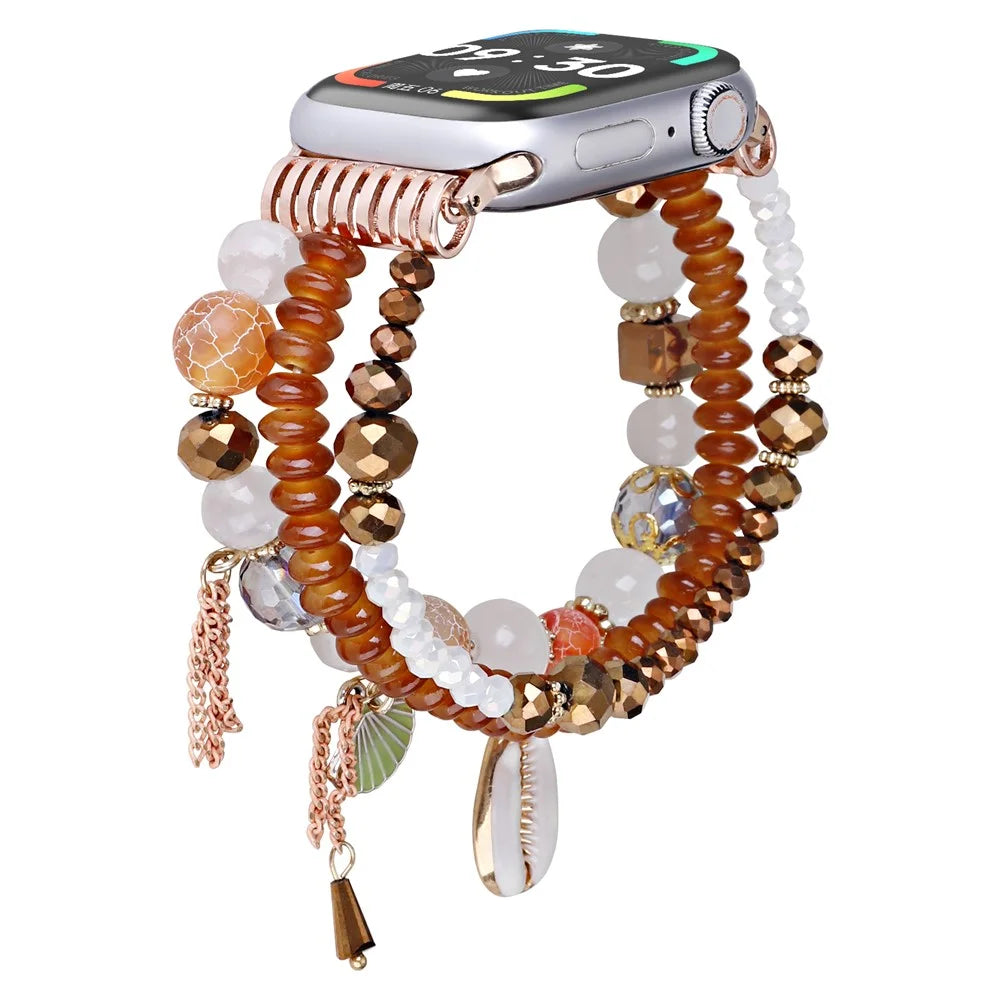 For Apple Watch Ultra 3 2 1 49mm / Series 11 10 46mm / 9 8 7 45mm / SE3 SE2 SE 6 5 4 44mm / 3 2 1 42mm Shell Beads Bands Three Rows - Brown - 1