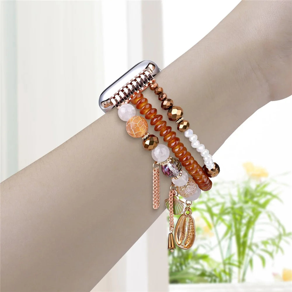 For Apple Watch Ultra 3 2 1 49mm / Series 11 10 46mm / 9 8 7 45mm / SE3 SE2 SE 6 5 4 44mm / 3 2 1 42mm Shell Beads Bands Three Rows - Brown - 2
