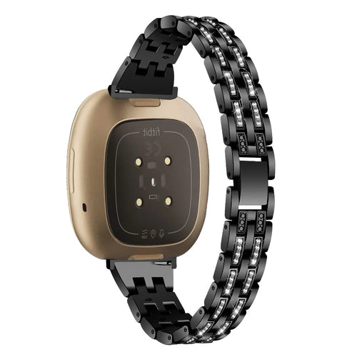 Zinc Alloy Rhinestone Decor Watch Band for Fitbit Sense / Fitbit Versa 3 - Black - 1