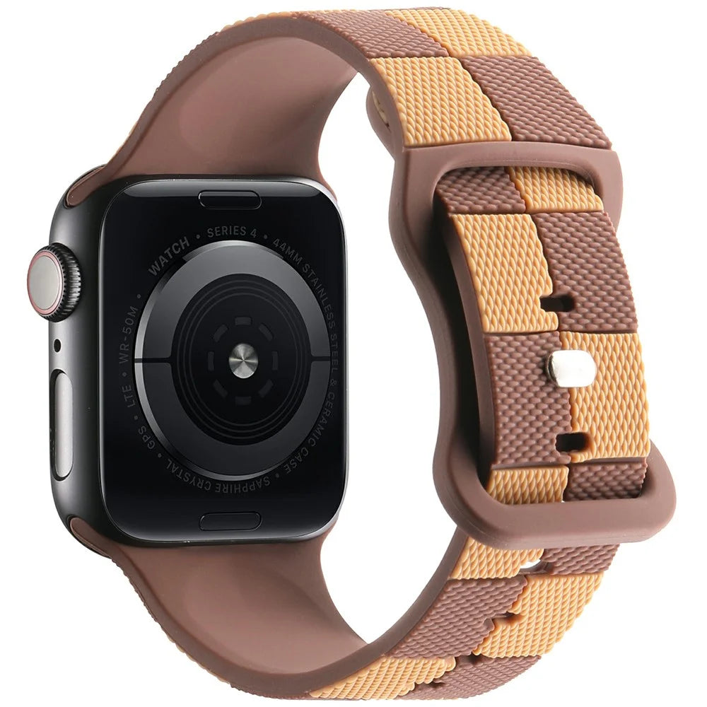 For Apple Watch Ultra 3 2 1 49mm / Series 11 10 46mm / 9 8 7 45mm / SE3 SE2 SE 6 5 4 44mm / 3 2 1 42mm Checkerboard Silicone Band - Brown - 1