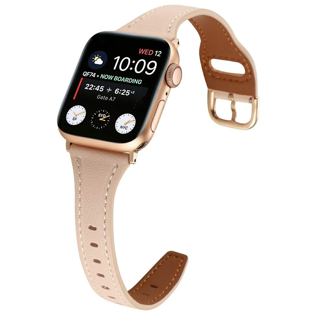 For Apple Watch Series 11 10 42mm / 9 8 7 41mm / SE3 SE2 SE 6 5 4 40mm / 3 2 1 38mm Genuine Cow Leather Strap - Pink+Rose Gold Buckle - 2