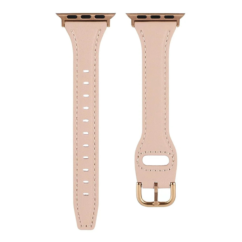 For Apple Watch Series 11 10 42mm / 9 8 7 41mm / SE3 SE2 SE 6 5 4 40mm / 3 2 1 38mm Genuine Cow Leather Strap - Pink+Rose Gold Buckle - 3