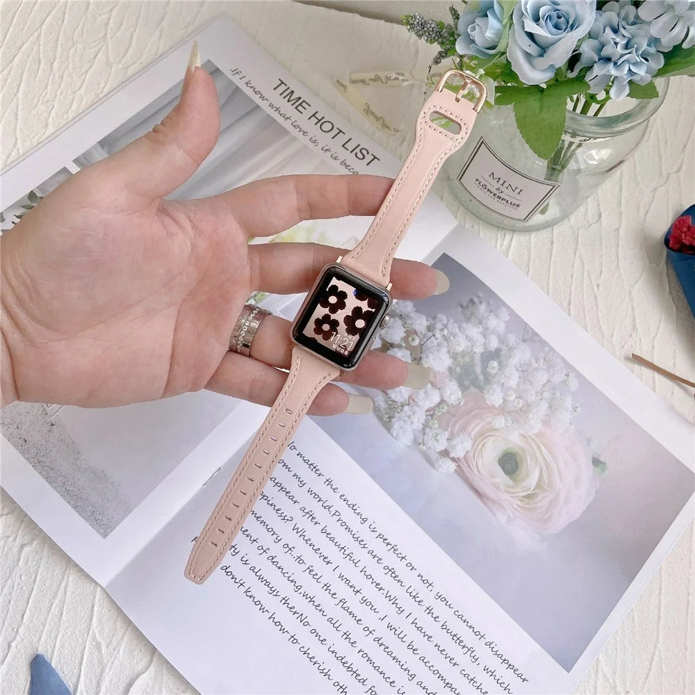 For Apple Watch Series 11 10 42mm / 9 8 7 41mm / SE3 SE2 SE 6 5 4 40mm / 3 2 1 38mm Genuine Cow Leather Strap - Pink+Rose Gold Buckle - 4