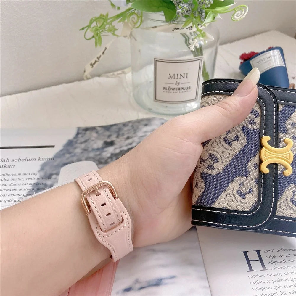 For Apple Watch Series 11 10 42mm / 9 8 7 41mm / SE3 SE2 SE 6 5 4 40mm / 3 2 1 38mm Genuine Cow Leather Strap - Pink+Rose Gold Buckle - 7