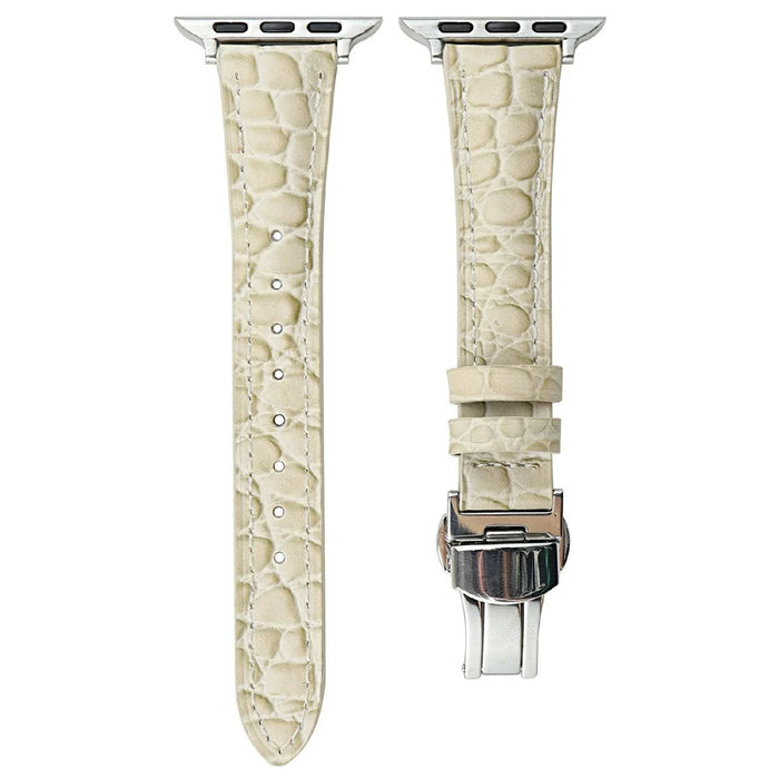 For Apple Watch Series 11 10 42mm / 9 8 7 41mm / SE3 SE2 SE 6 5 4 40mm / 3 2 1 38mm Crocodile Texture Leather Strap - Beige+Silver Buckle - 1