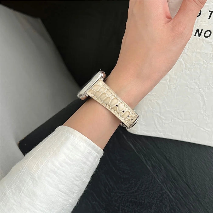 For Apple Watch Series 11 10 42mm / 9 8 7 41mm / SE3 SE2 SE 6 5 4 40mm / 3 2 1 38mm Crocodile Texture Leather Strap - Beige+Silver Buckle - 5