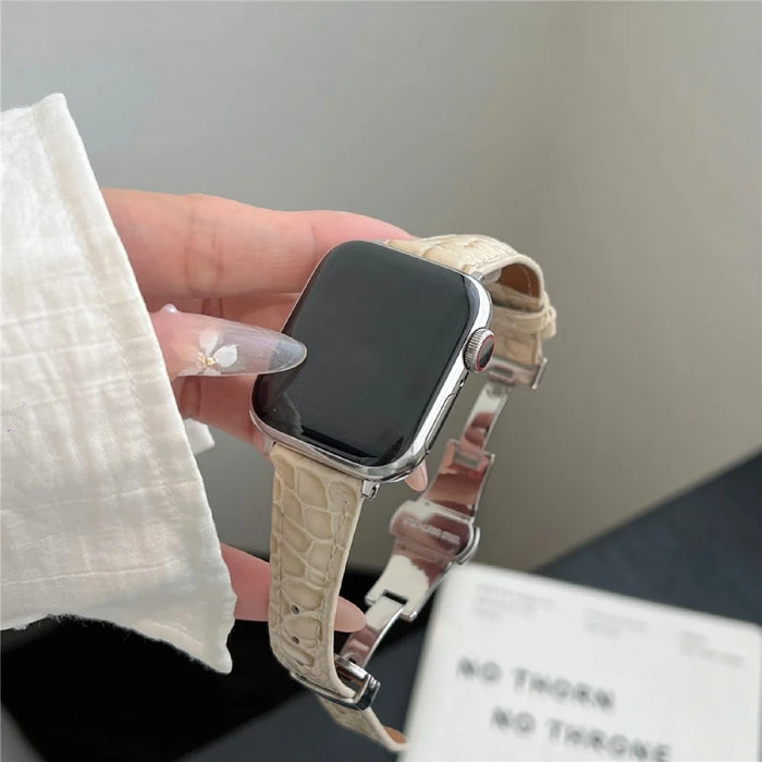 For Apple Watch Ultra 3 2 1 49mm / Series 11 10 46mm / 9 8 7 45mm / SE3 SE2 SE 6 5 4 44mm / 3 2 1 42mm Crocodile Texture Leather Strap - Beige+Silver Buckle - 3