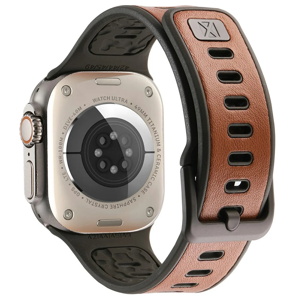 For Apple Watch Ultra 3 2 1 49mm / Series 11 10 46mm / 9 8 7 45mm / SE3 SE2 SE 6 5 4 44mm / 3 2 1 42mm Leather Coated Silicone Strap - Brown - 1