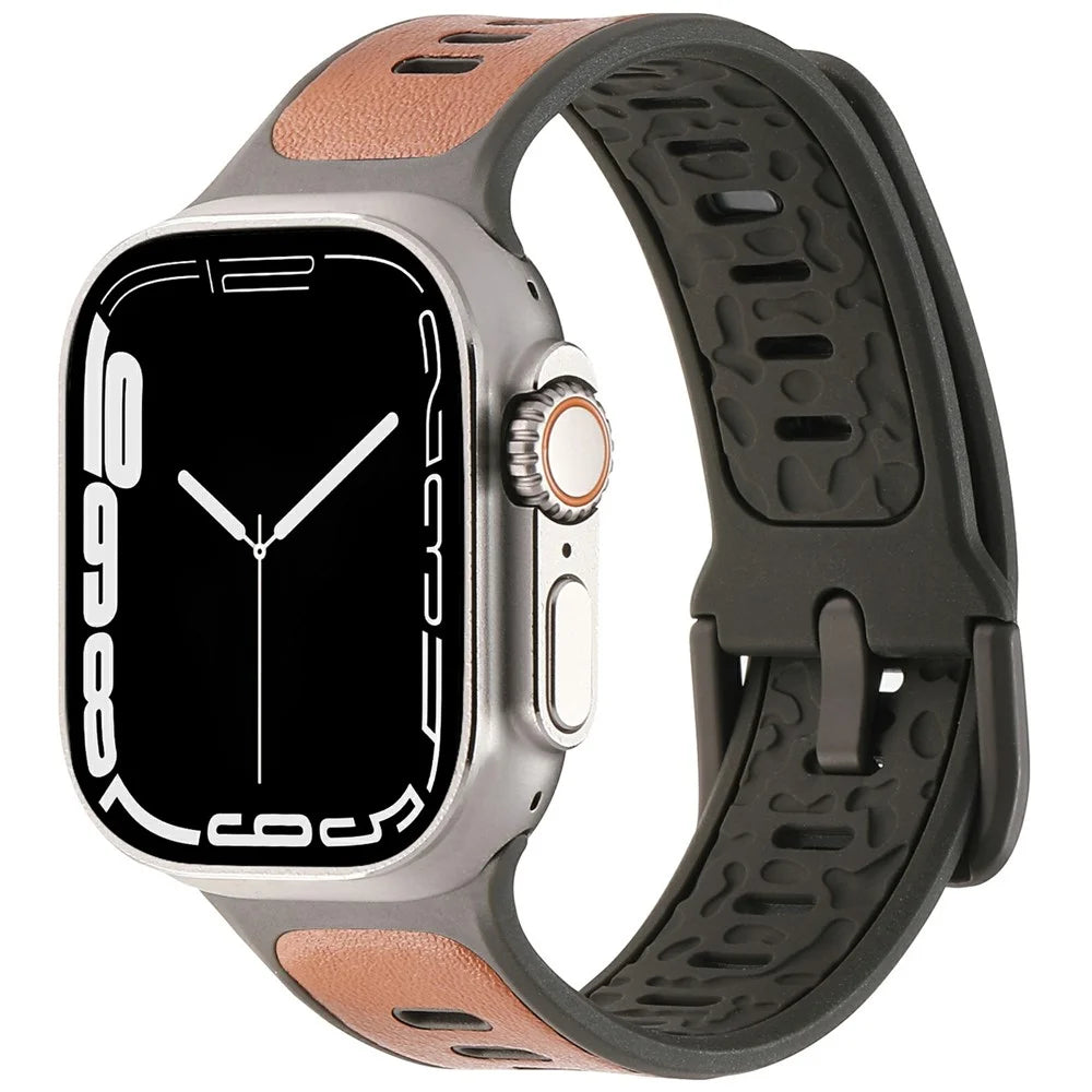 For Apple Watch Ultra 3 2 1 49mm / Series 11 10 46mm / 9 8 7 45mm / SE3 SE2 SE 6 5 4 44mm / 3 2 1 42mm Leather Coated Silicone Strap - Brown - 2