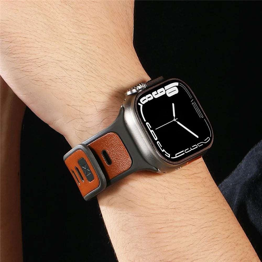 For Apple Watch Ultra 3 2 1 49mm / Series 11 10 46mm / 9 8 7 45mm / SE3 SE2 SE 6 5 4 44mm / 3 2 1 42mm Leather Coated Silicone Strap - Brown - 3