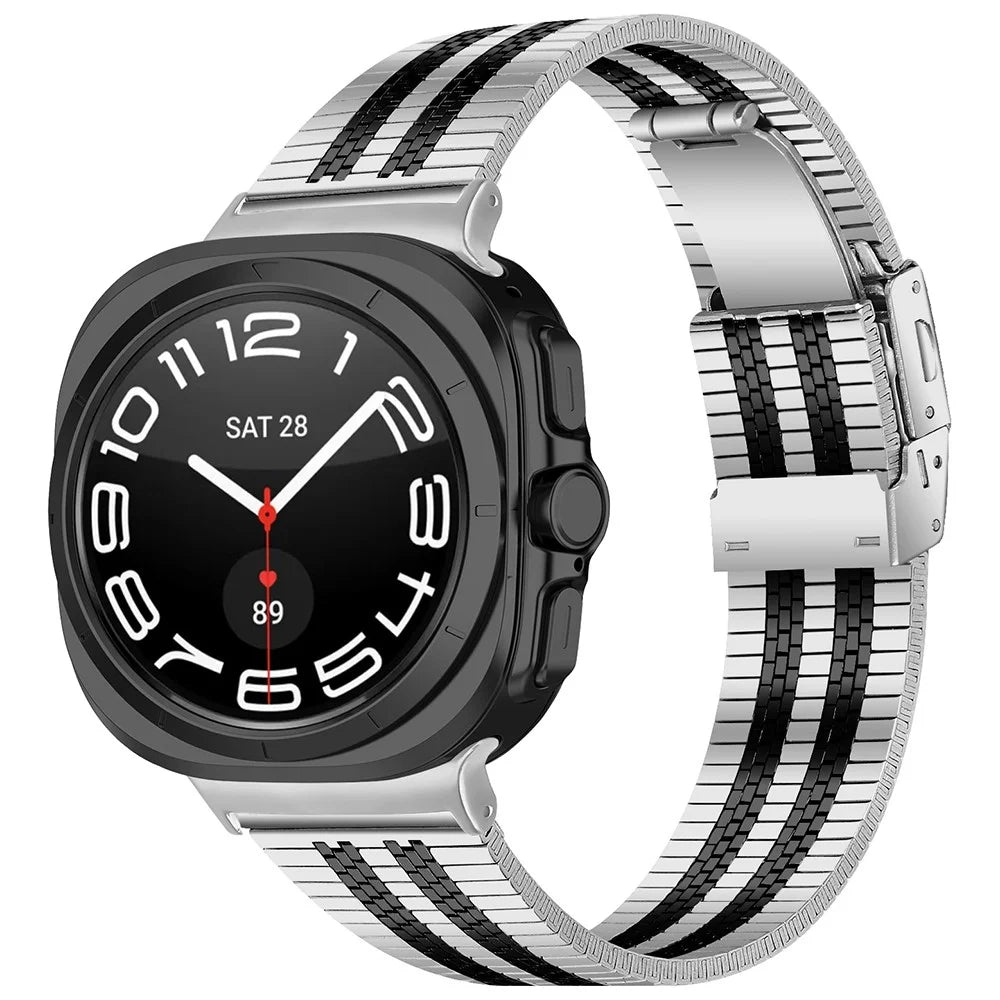 For Samsung Galaxy Watch Ultra2 47mm / Watch Ultra (2025) 47mm / Watch Ultra 47mm Watch Band Stainless Steel 5-Beads Wrist Strap - Silver+Black - 2