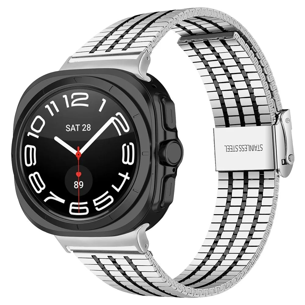 For Samsung Galaxy Watch Ultra2 47mm / Watch Ultra (2025) 47mm / Watch Ultra 47mm Replacement Band with Connector 7-Bead Stainless Steel Smart Watch Strap - Silver+Black - 2