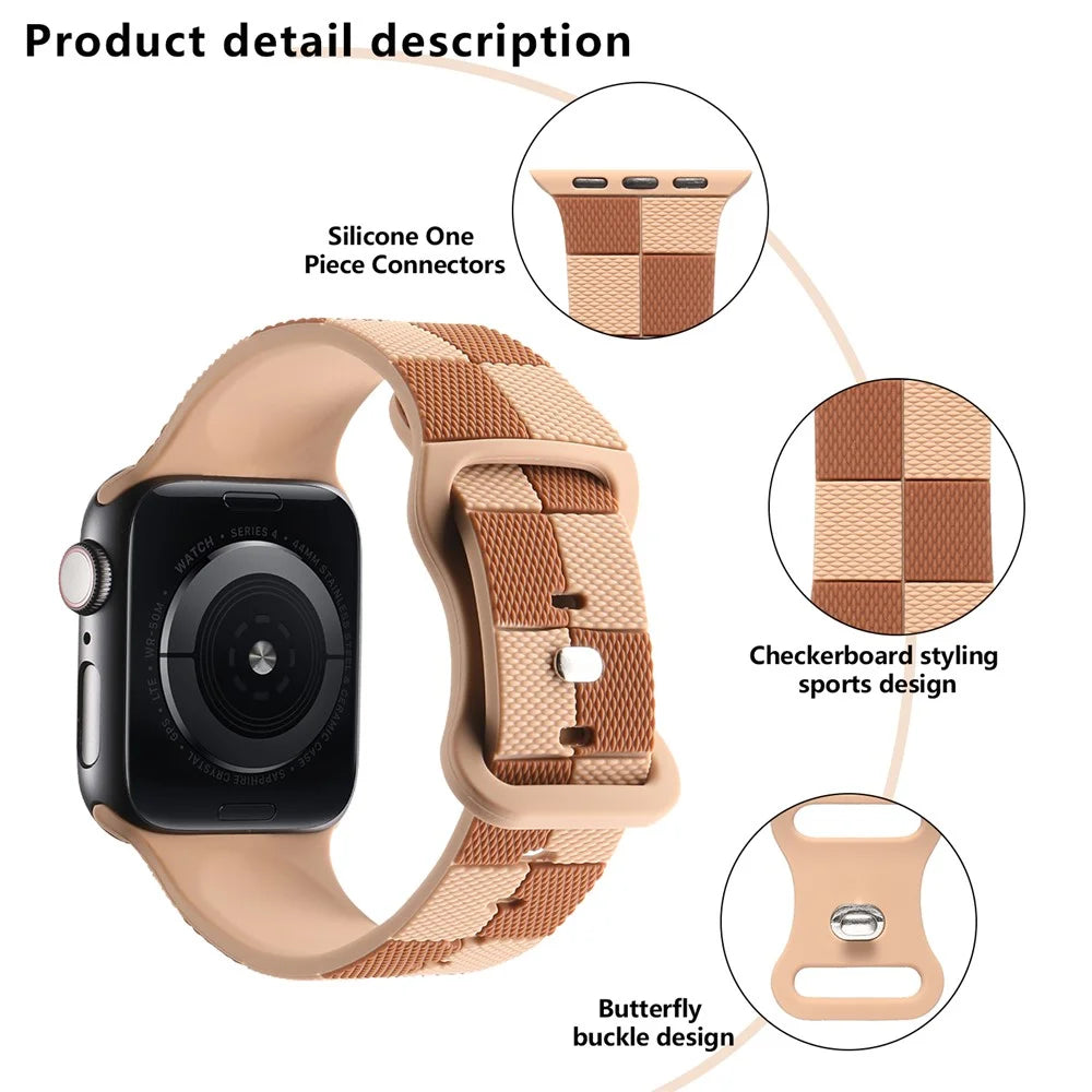 KALEBOL Silicone Strap for Apple Watch Series 11 10 42mm / 9 8 7 41mm / SE3 SE2 SE 6 5 4 40mm / 3 2 1 38mm Checkerboard Watch Band  Light Brown - 4