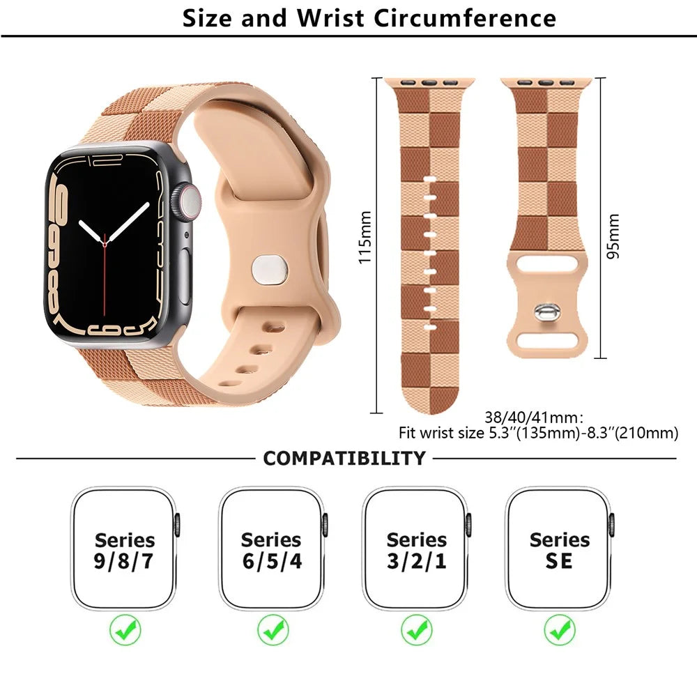 KALEBOL Silicone Strap for Apple Watch Series 11 10 42mm / 9 8 7 41mm / SE3 SE2 SE 6 5 4 40mm / 3 2 1 38mm Checkerboard Watch Band  Light Brown - 5