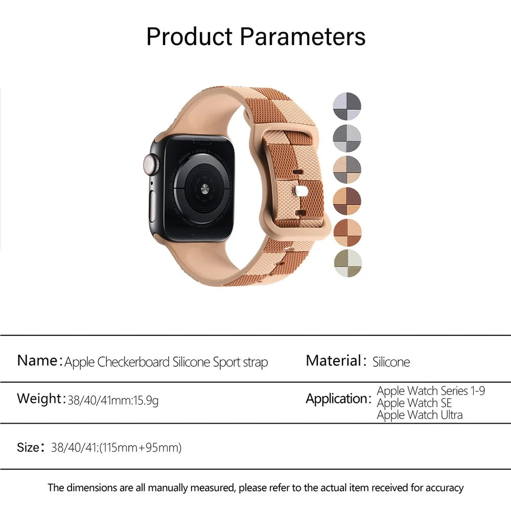 KALEBOL Silicone Strap for Apple Watch Series 11 10 42mm / 9 8 7 41mm / SE3 SE2 SE 6 5 4 40mm / 3 2 1 38mm Checkerboard Watch Band  Light Brown - 6