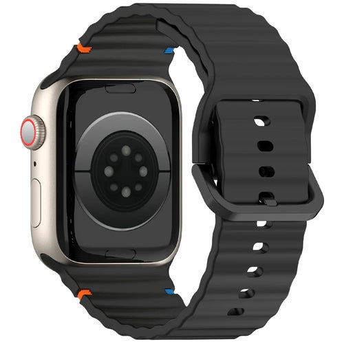 Silicone Strap for Apple Watch Ultra 3 2 1 49mm / Series 11 10 46mm / 9 8 7 45mm / SE3 SE2 SE 6 5 4 44mm / 3 2 1 42mm Wave Band - Black - 1