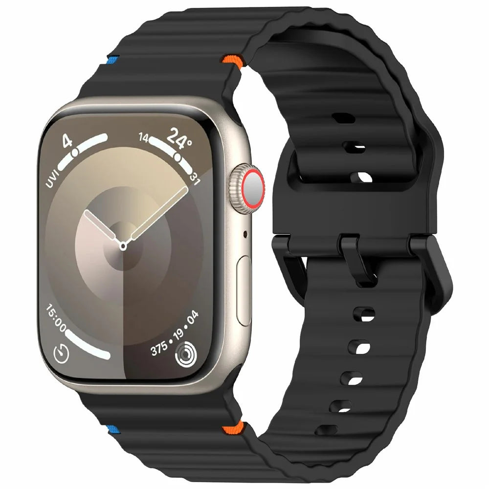 Silicone Strap for Apple Watch Ultra 3 2 1 49mm / Series 11 10 46mm / 9 8 7 45mm / SE3 SE2 SE 6 5 4 44mm / 3 2 1 42mm Wave Band - Black - 2