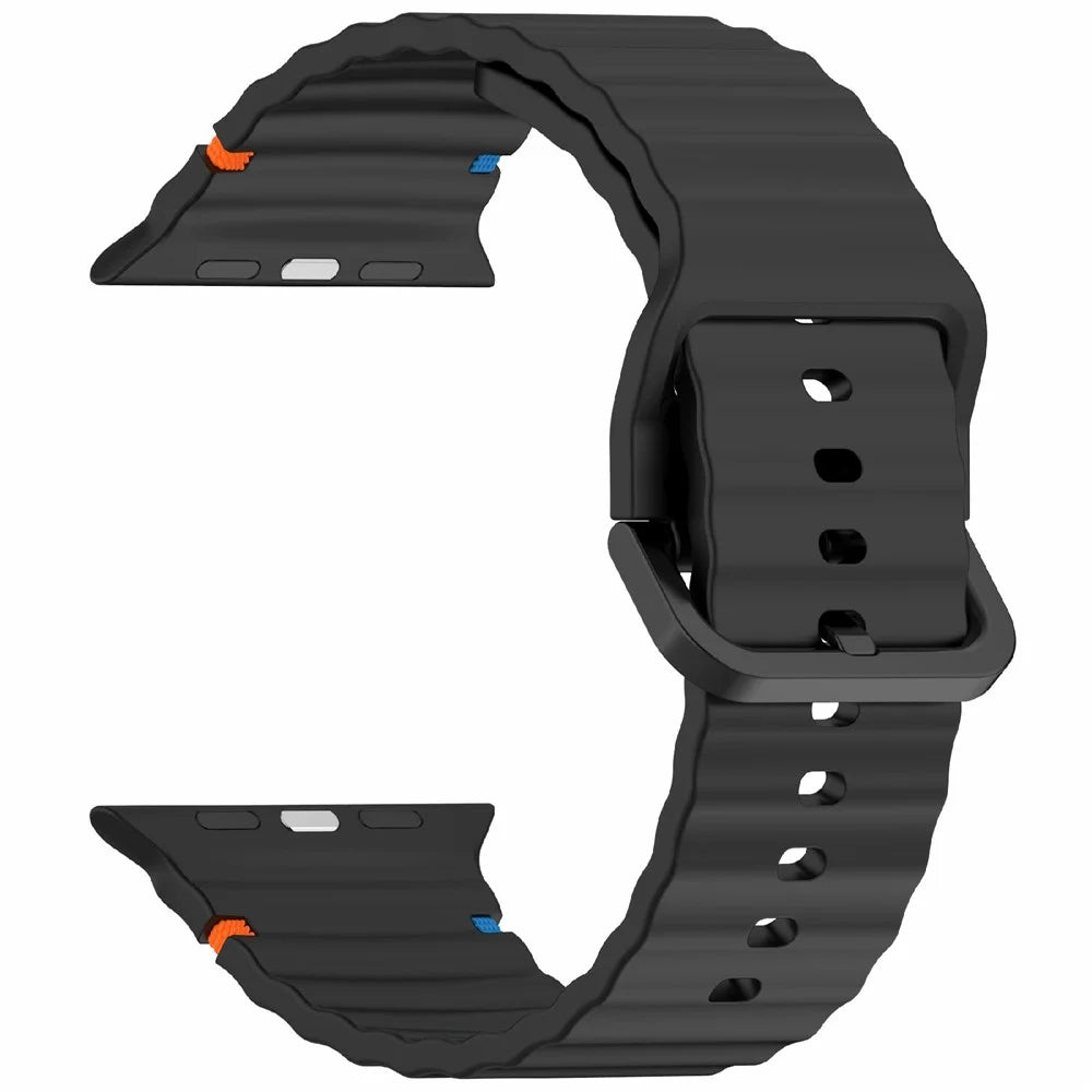 Silicone Strap for Apple Watch Ultra 3 2 1 49mm / Series 11 10 46mm / 9 8 7 45mm / SE3 SE2 SE 6 5 4 44mm / 3 2 1 42mm Wave Band - Black - 3
