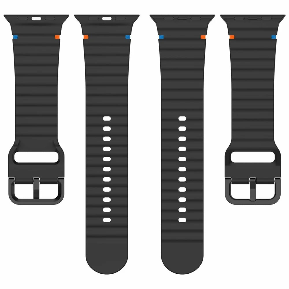Silicone Strap for Apple Watch Ultra 3 2 1 49mm / Series 11 10 46mm / 9 8 7 45mm / SE3 SE2 SE 6 5 4 44mm / 3 2 1 42mm Wave Band - Black - 5