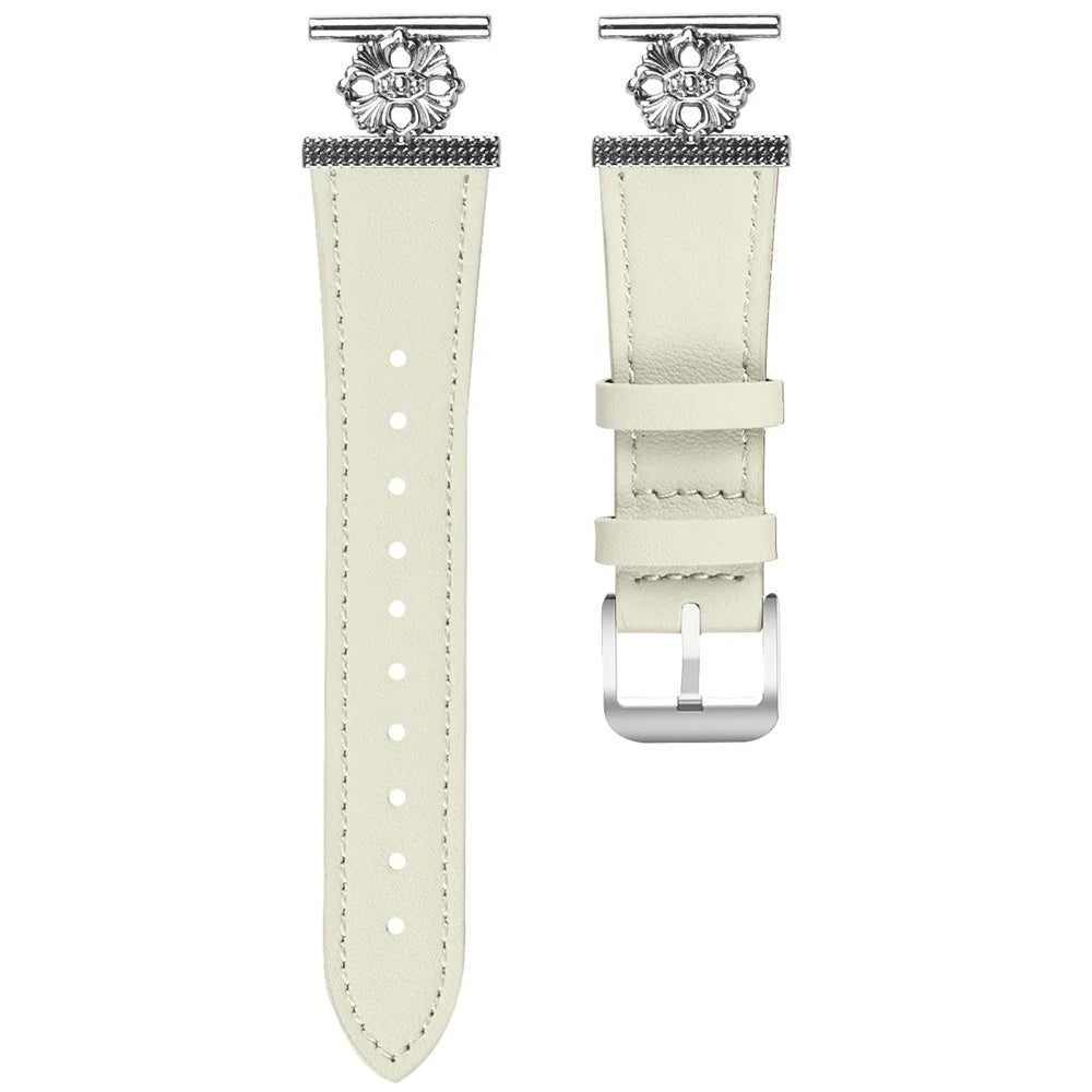 For Huami Amazfit GTR Mini Watch Band Genuine Cow Leather Flower Decor Adjustable Strap - White - 1
