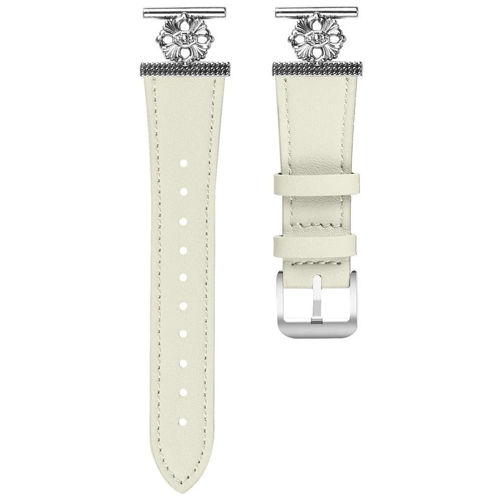 For Honor MagicWatch 2 42mm Watch Band Genuine Cow Leather Flower Decor Adjustable Strap - White - 1