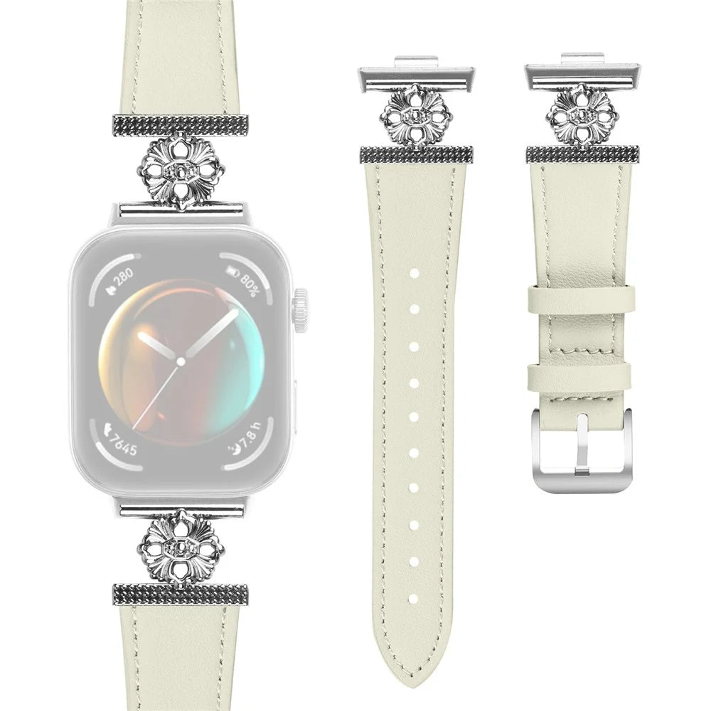 For Huawei Watch Fit 3 Watch Band Genuine Cow Leather Flower Decor Adjustable Strap - White - 1