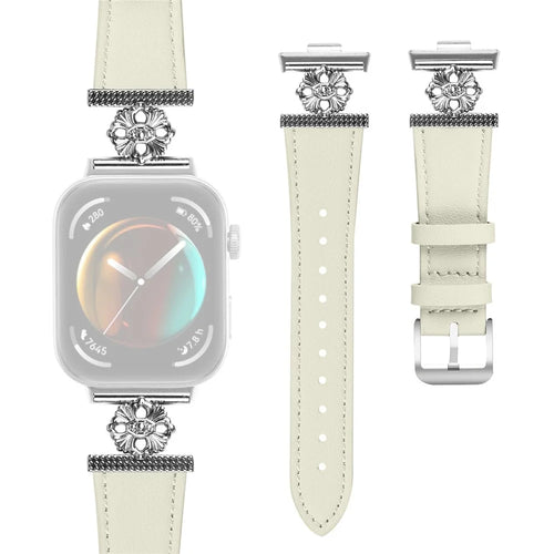 For Huawei Watch Fit 3 Watch Band Genuine Cow Leather Flower Decor Adjustable Strap - White - 1