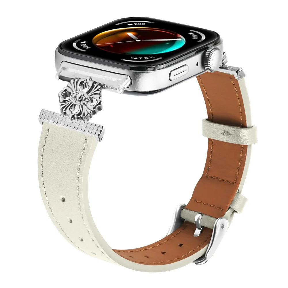 For Huawei Watch Fit 3 Watch Band Genuine Cow Leather Flower Decor Adjustable Strap - White - 2