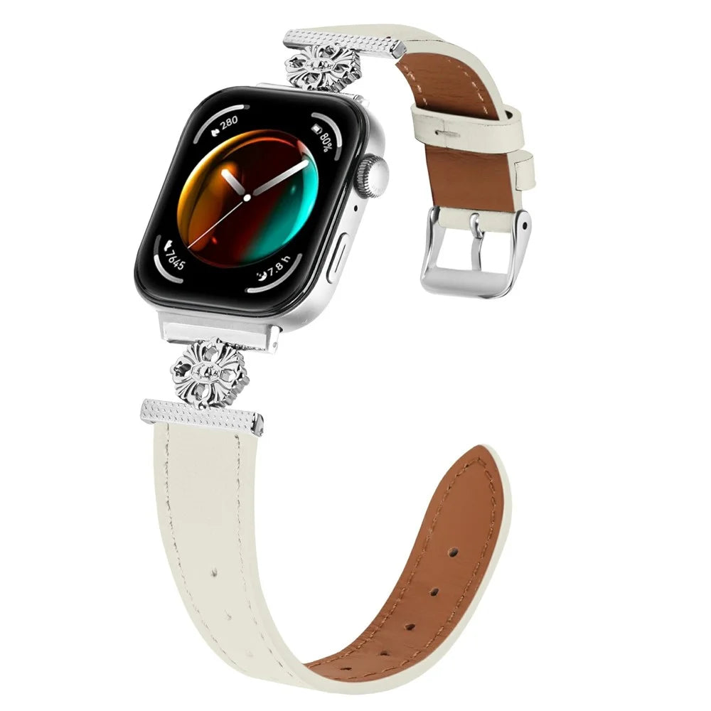 For Huawei Watch Fit 3 Watch Band Genuine Cow Leather Flower Decor Adjustable Strap - White - 3