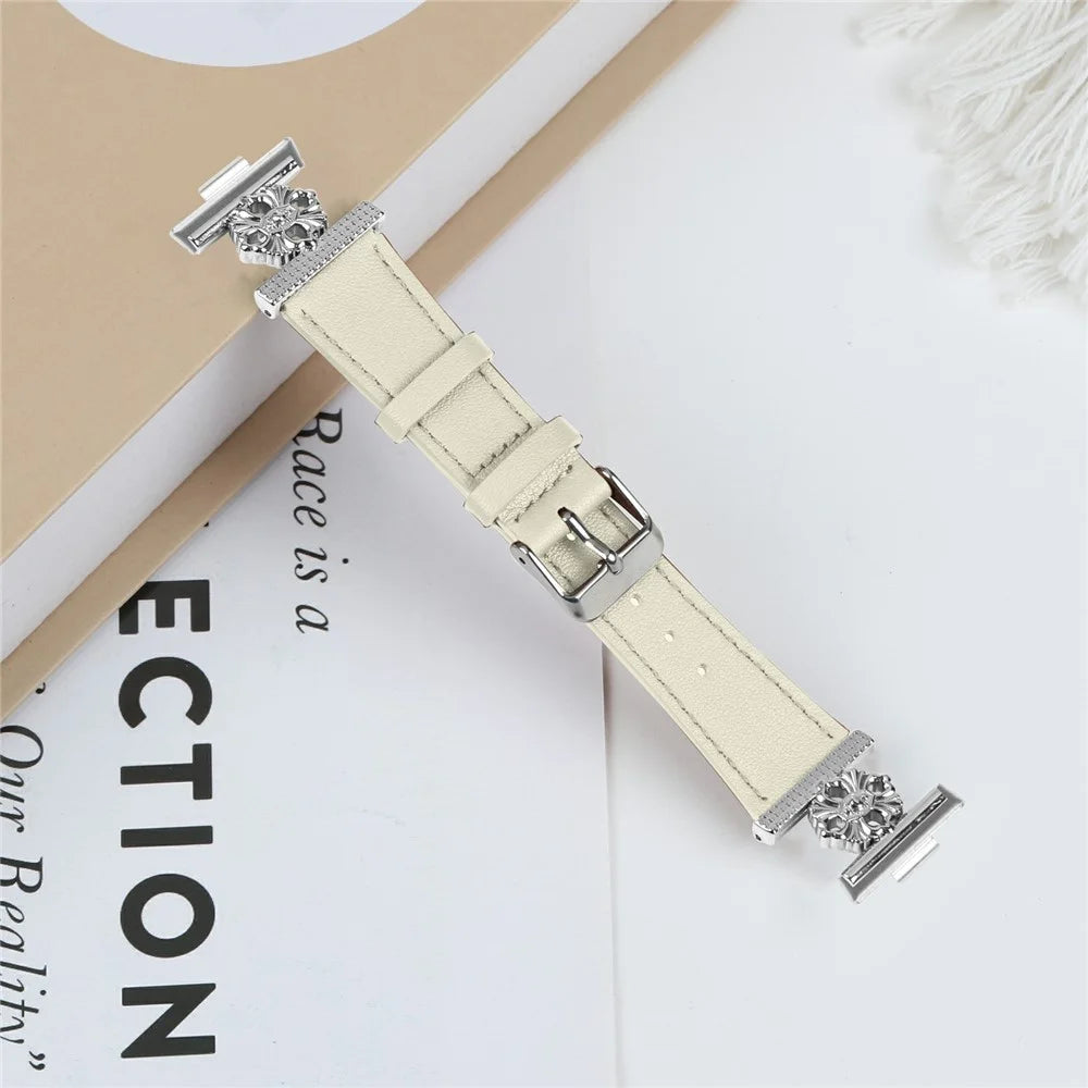 For Huawei Watch Fit 3 Watch Band Genuine Cow Leather Flower Decor Adjustable Strap - White - 5