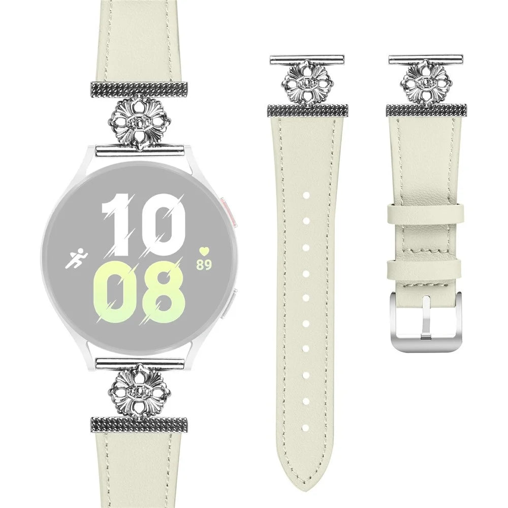 For Samsung Galaxy Watch Active 40mm Watch Band Genuine Cow Leather Flower Decor Adjustable Strap - White - 1