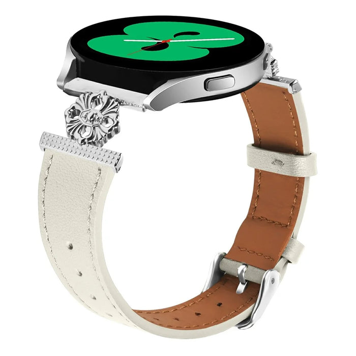 For Samsung Galaxy Watch 42mm Watch Band Genuine Cow Leather Flower Decor Adjustable Strap - White - 2