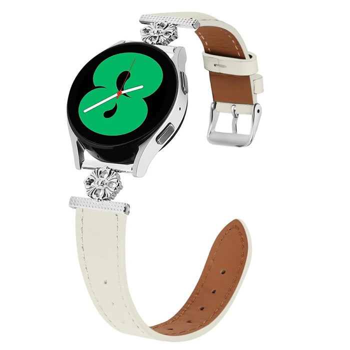 For Samsung Galaxy Watch 42mm Watch Band Genuine Cow Leather Flower Decor Adjustable Strap - White - 3