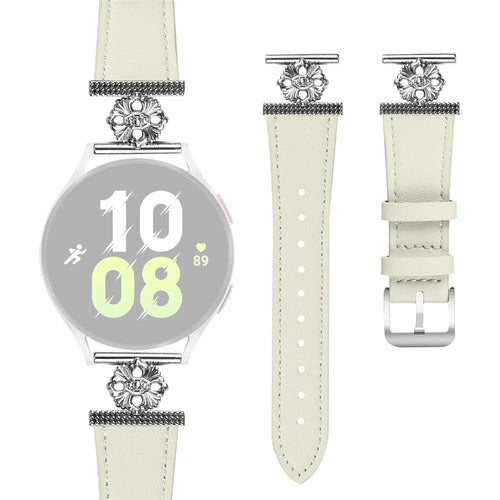 For Samsung Galaxy Watch4 40mm / 44mm Watch Band Genuine Cow Leather Flower Decor Adjustable Strap - White - 1
