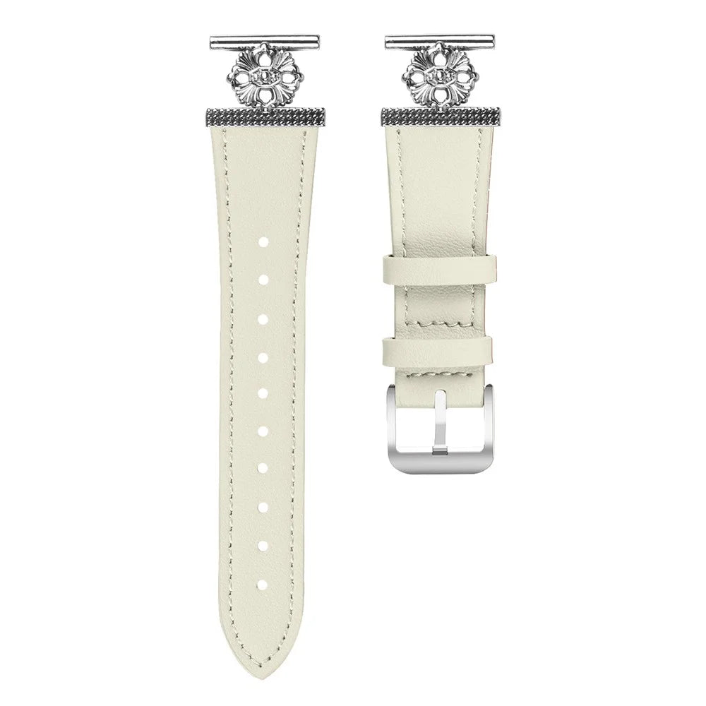 For Garmin Instinct 2S Watch Band Genuine Cow Leather Flower Decor Adjustable Strap - White - 1