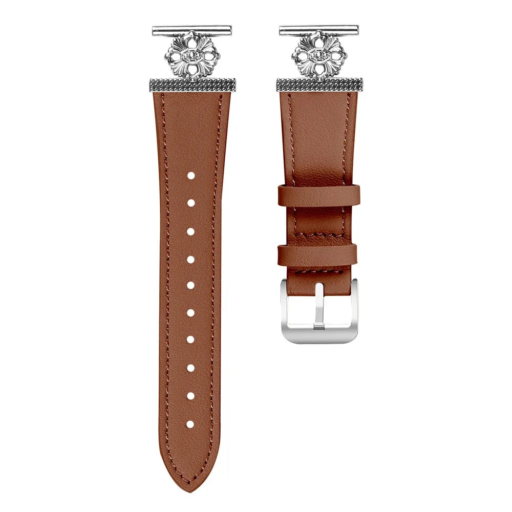 For Garmin Approach S40 / Forerunner 158 Watch Band Genuine Cow Leather Flower Decor Adjustable Strap - Brown - 1