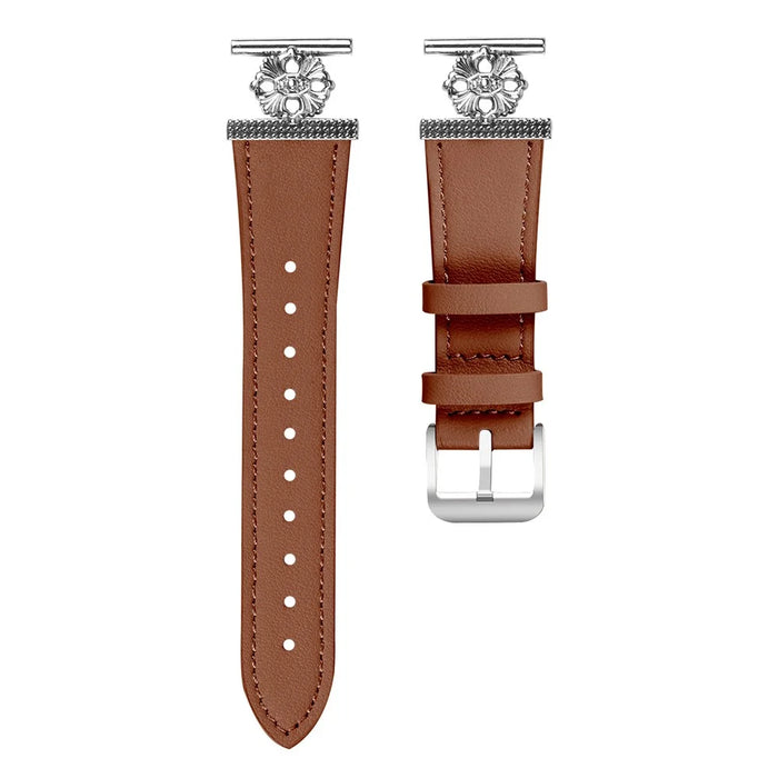 For Garmin Approach S40 / Forerunner 158 Watch Band Genuine Cow Leather Flower Decor Adjustable Strap - Brown - 1