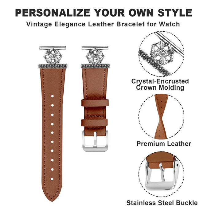 For Garmin Approach S40 / Forerunner 158 Watch Band Genuine Cow Leather Flower Decor Adjustable Strap - Brown - 2