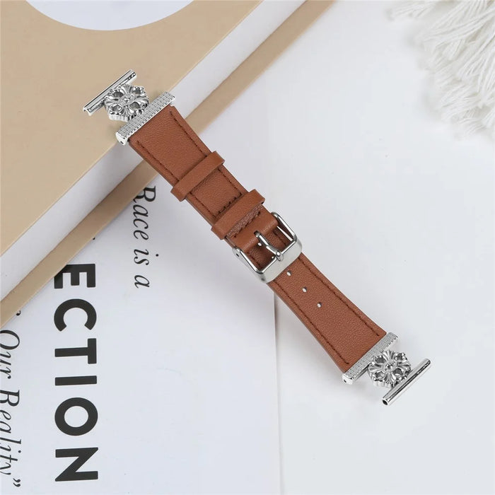For Garmin Approach S40 / Forerunner 158 Watch Band Genuine Cow Leather Flower Decor Adjustable Strap - Brown - 3