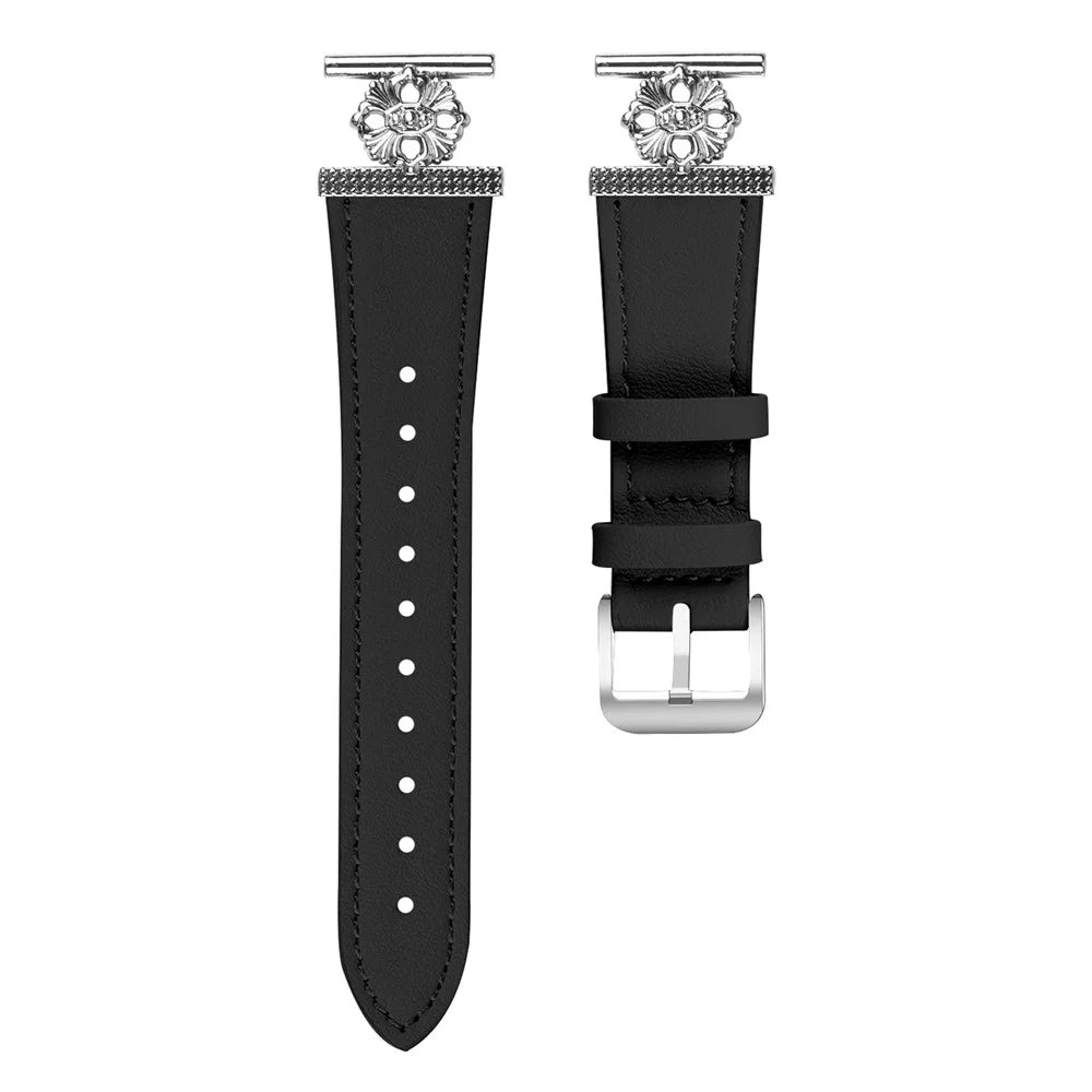 For Garmin Forerunner 55 / Venu Watch Band Genuine Cow Leather Flower Decor Adjustable Strap - Black - 1