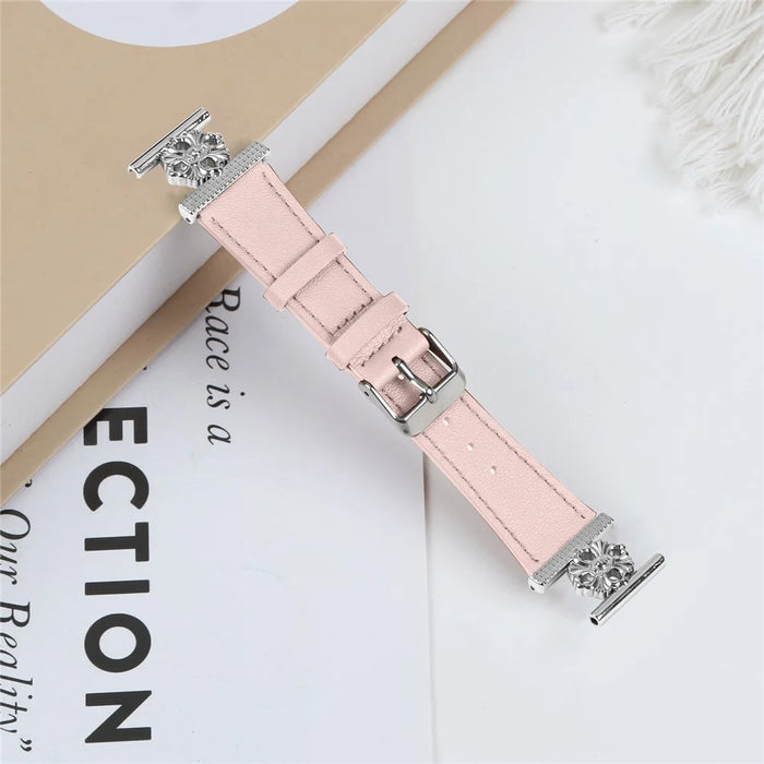 For Garmin Vivomove Sport / Venu 2 Plus Watch Band Genuine Cow Leather Flower Decor Adjustable Strap - Pink - 3
