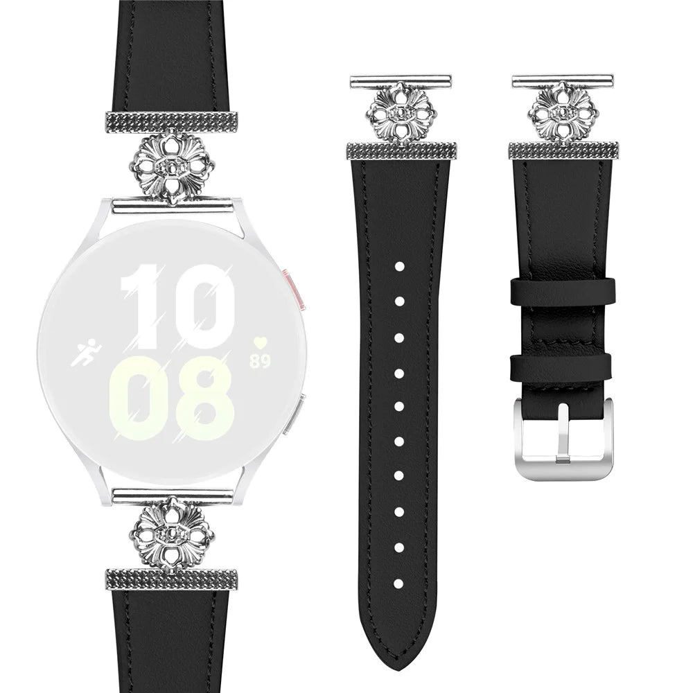 For Garmin vivoactive 5 / Garminactive 5 Watch Band Genuine Cow Leather Flower Decor Adjustable Strap - Black - 1
