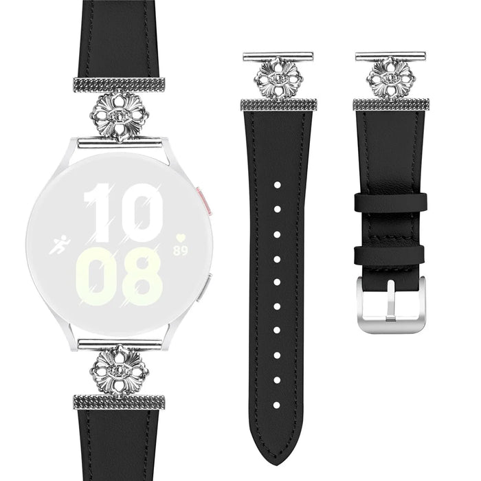For Garmin vivoactive 5 / Garminactive 5 Watch Band Genuine Cow Leather Flower Decor Adjustable Strap - Black - 1