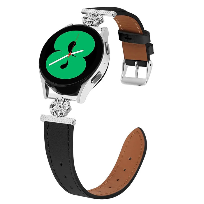 For Garmin vivoactive 5 / Garminactive 5 Watch Band Genuine Cow Leather Flower Decor Adjustable Strap - Black - 3