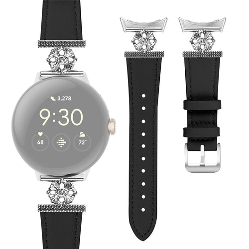 For Google Pixel Watch 4 41mm / Watch 3 41mm / Watch 2 / Watch Genuine Cow Leather Flower Decor Adjustable Strap - Black - 1