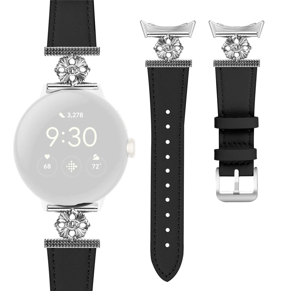 For Google Pixel Watch 4 41mm / Watch 3 41mm / Watch 2 / Watch Genuine Cow Leather Band Flower Decor Adjustable Strap - Black - 1