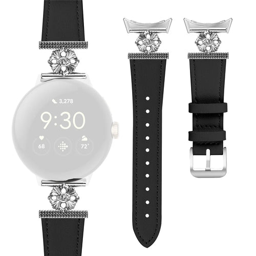 For Google Pixel Watch 4 41mm / Watch 3 41mm / Watch 2 / Watch Genuine Cow Leather Band Flower Decor Adjustable Strap - Black - 1